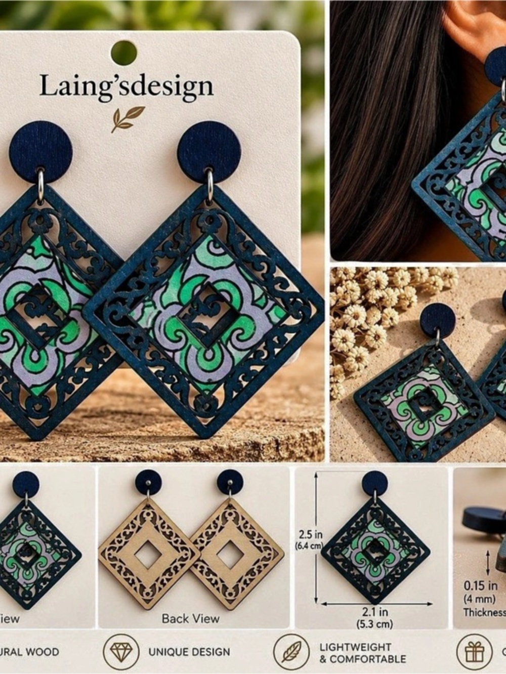 Laing'sdesign Abstract Wood Drop Earrings in Blue & Green NWT